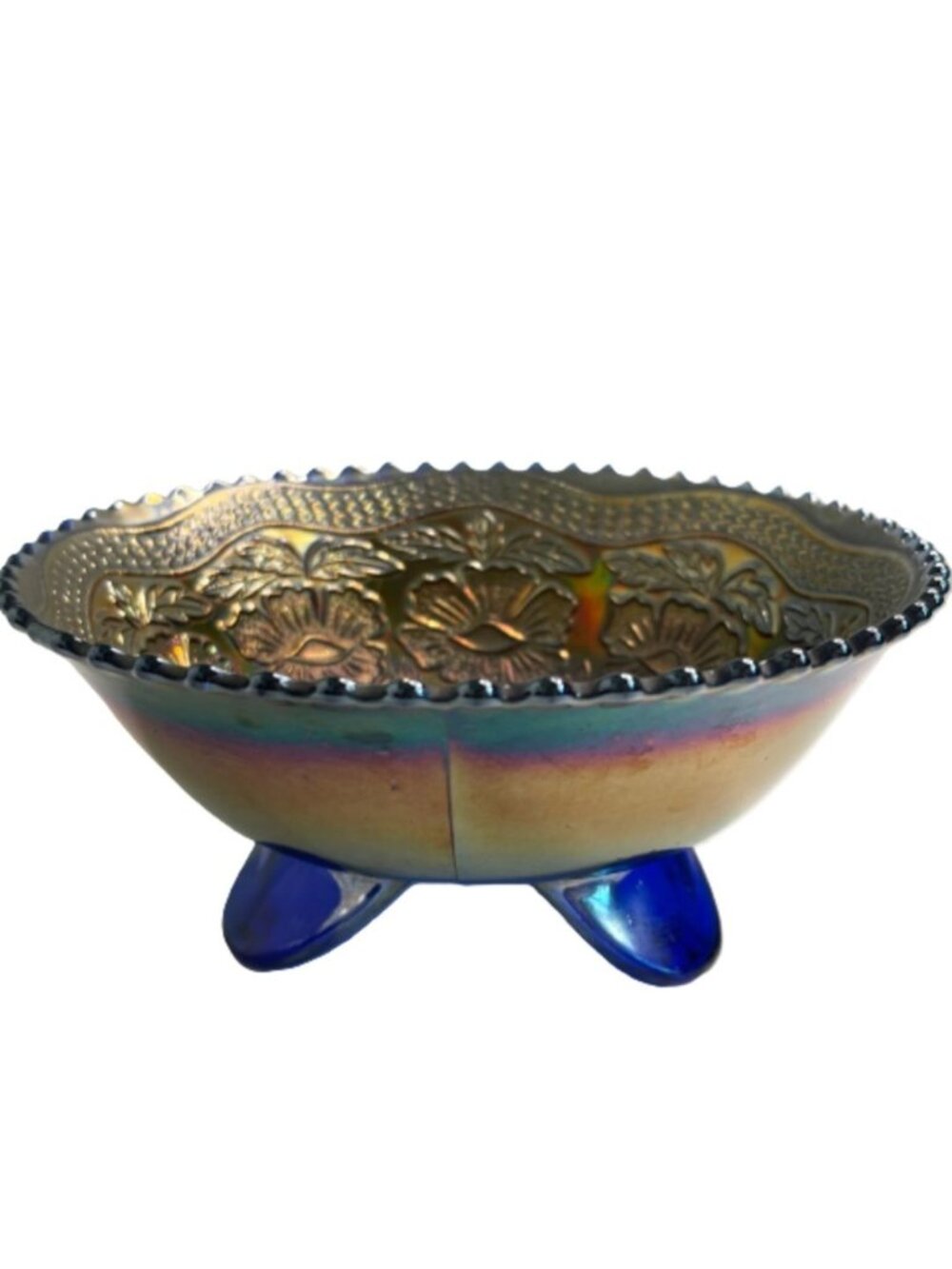 Antique Fenton Blue Carnival Glass Footed Bowl Two Flowers Pattern Pristine 1910